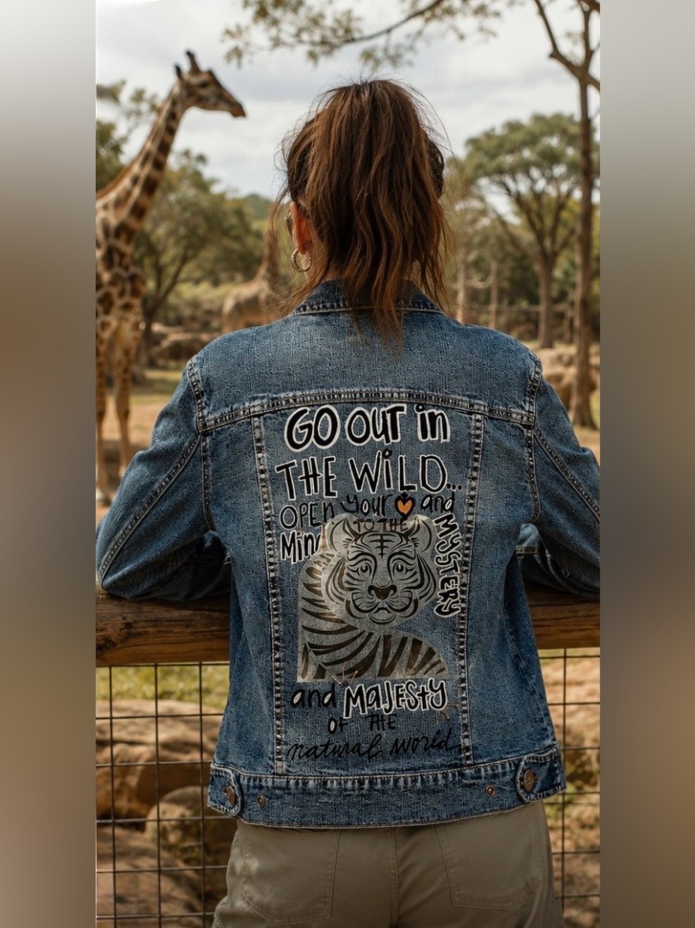 NWT Upcycled Louie Wearable Art Distressed Tiger Patch Zip Patch Jean Jacket S 6
